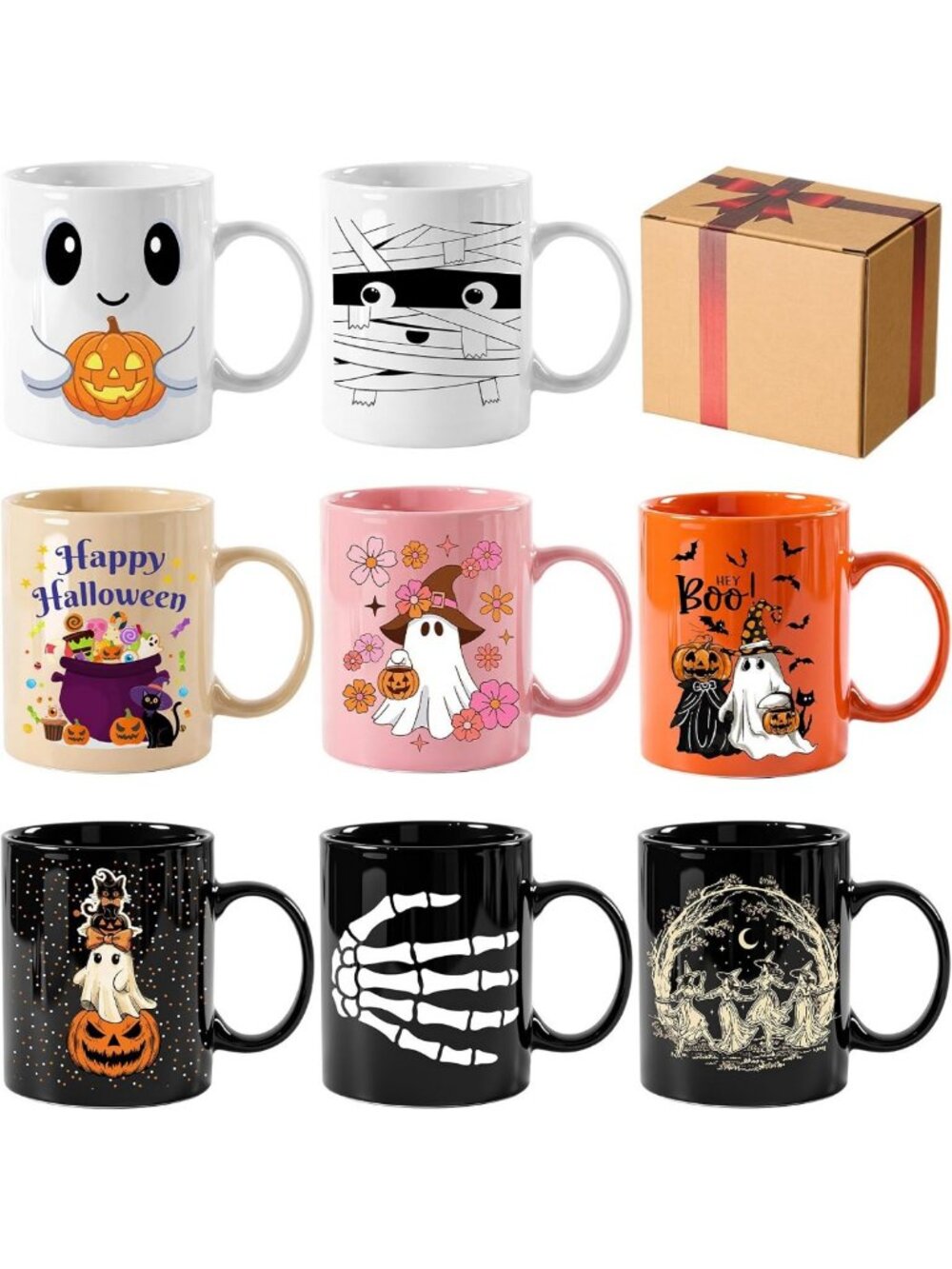 Set of 8 Halloween Ceramic Coffee Mugs, 12 oz, Ghost Design, Perfect for Fall
